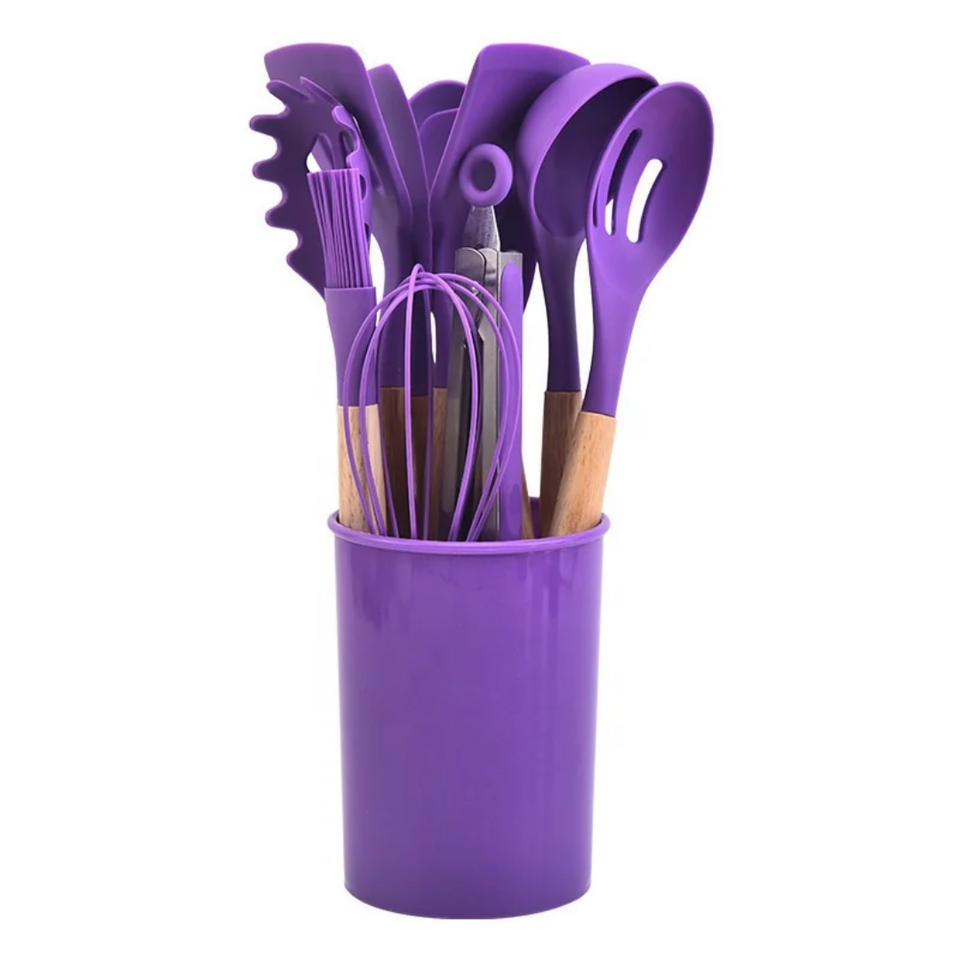 Premium Silicone Kitchen Utensils Set with Plastic Holder