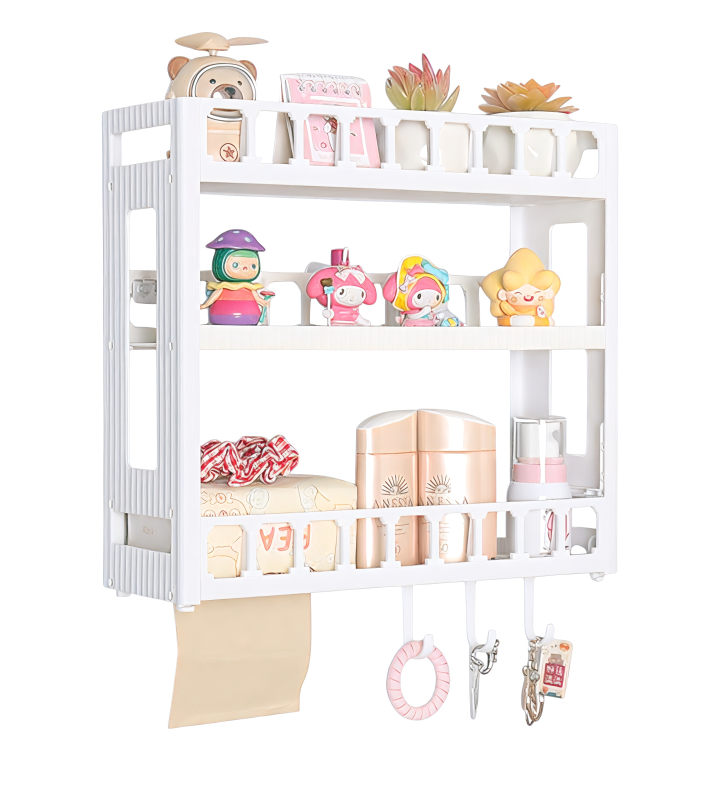 2-Tier Multi-Functional Wall-Mounted & Over-the-Toilet Storage Rack with Hooks and Tissue Dispenser