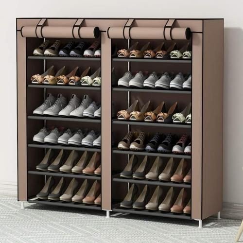 Double-Column Fabric Shoe Cabinet 110×120×30 cm (18 Shelves, Tan)