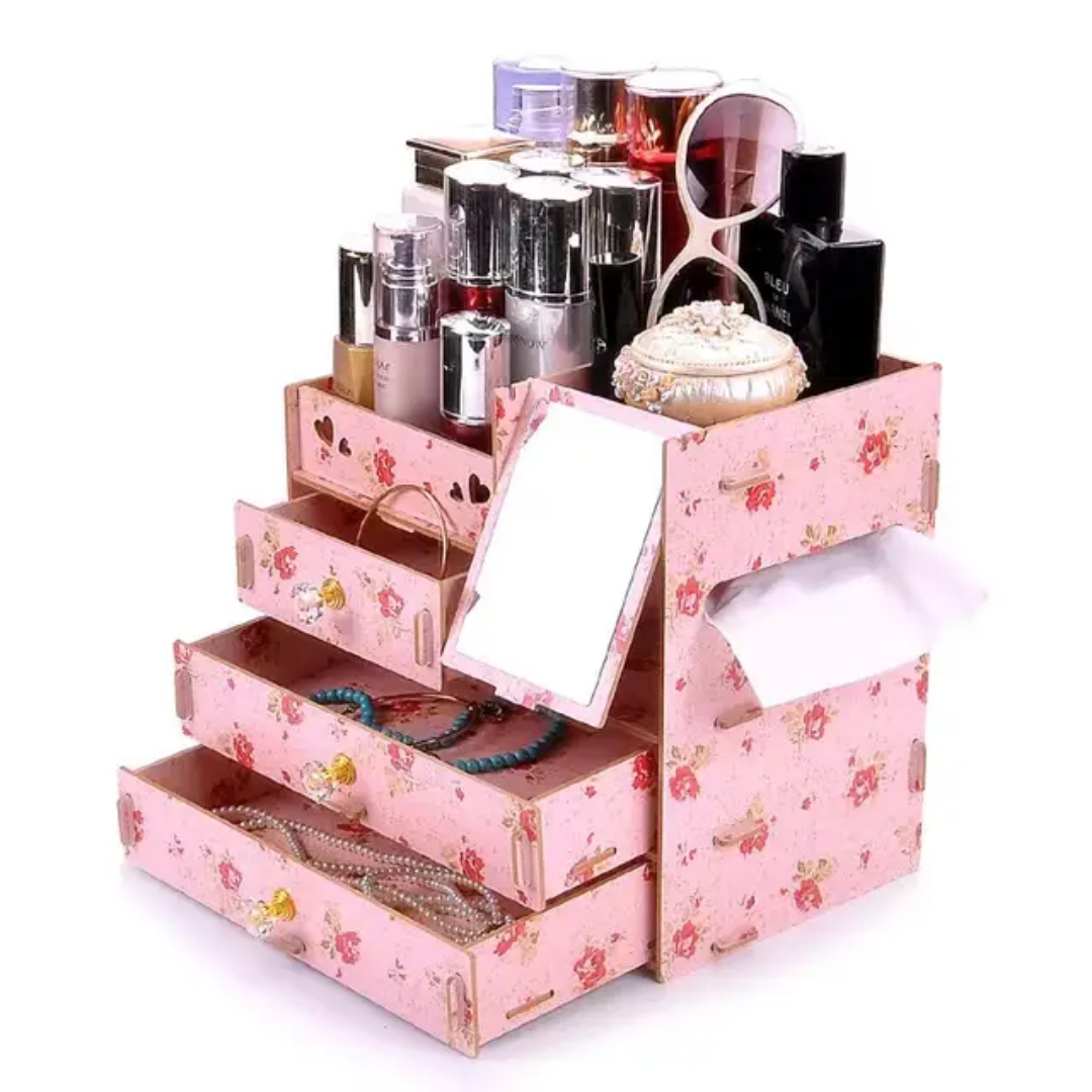 Deluxe Wooden Makeup Organizer with Mirror and Multiple Drawers