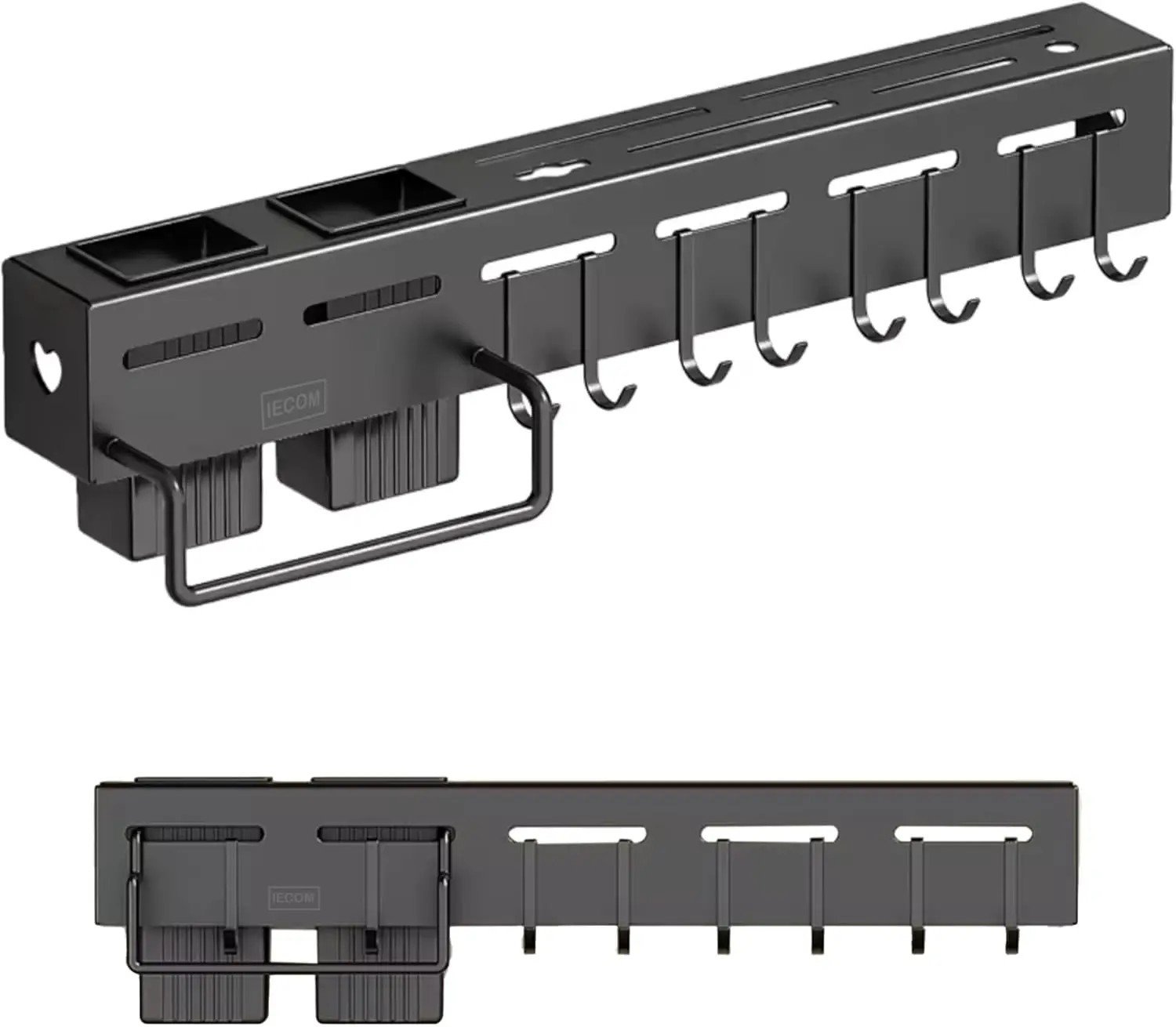 Black Wall Knife and Utensil Rack about 51 cm with Hooks and Side Bins