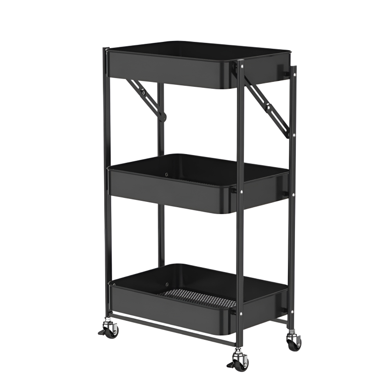 3-Tier Foldable Rolling Storage Cart with Mesh Baskets
