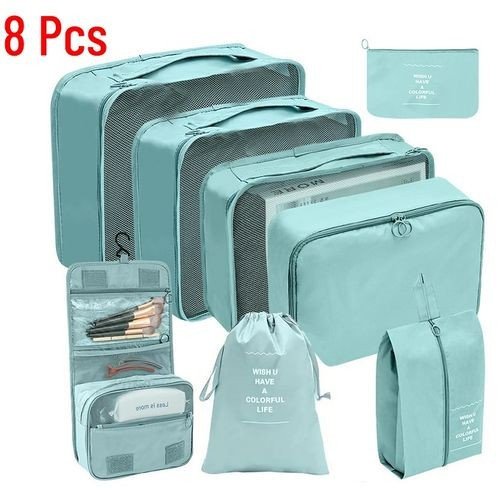 8-Piece Teal Travel Packing Cube Set with Mesh Lids