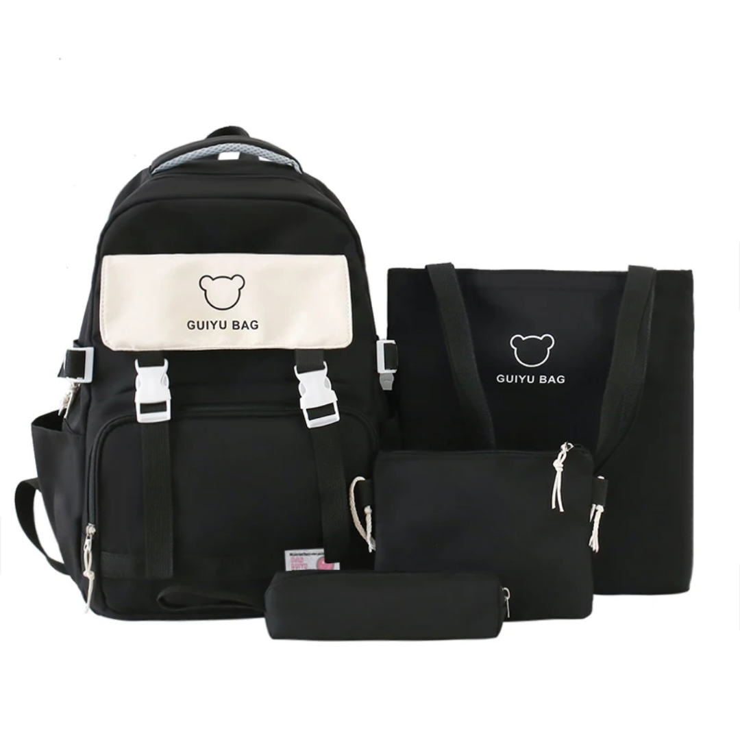 GUIYU BAG 4-in-1 Minimalist School Backpack Set with Bear Emblem