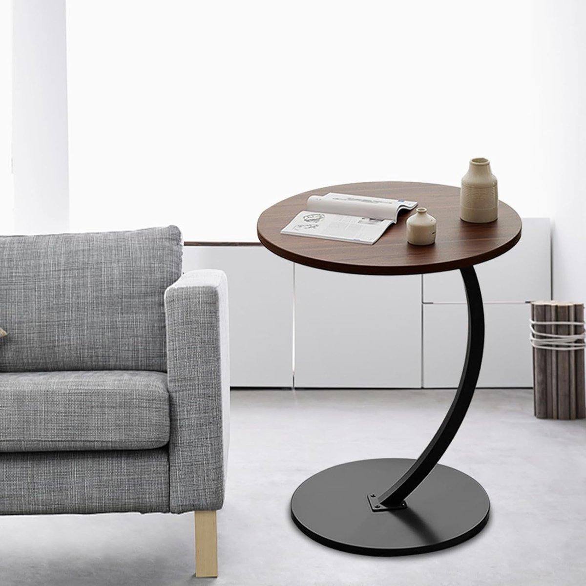 C-Shaped Modern Side Table: Round Wooden End Table with Metal Frame for Sofa and Bedside