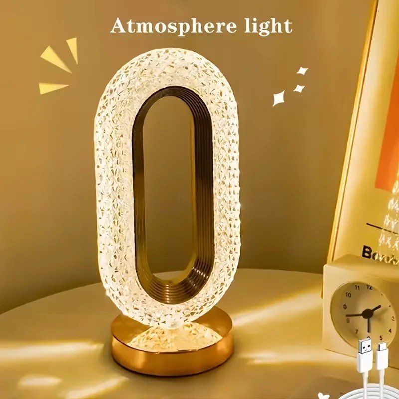 Oval Crystal-Texture USB Desk Lamp 26.2 cm, Gold Base, 3 Whites