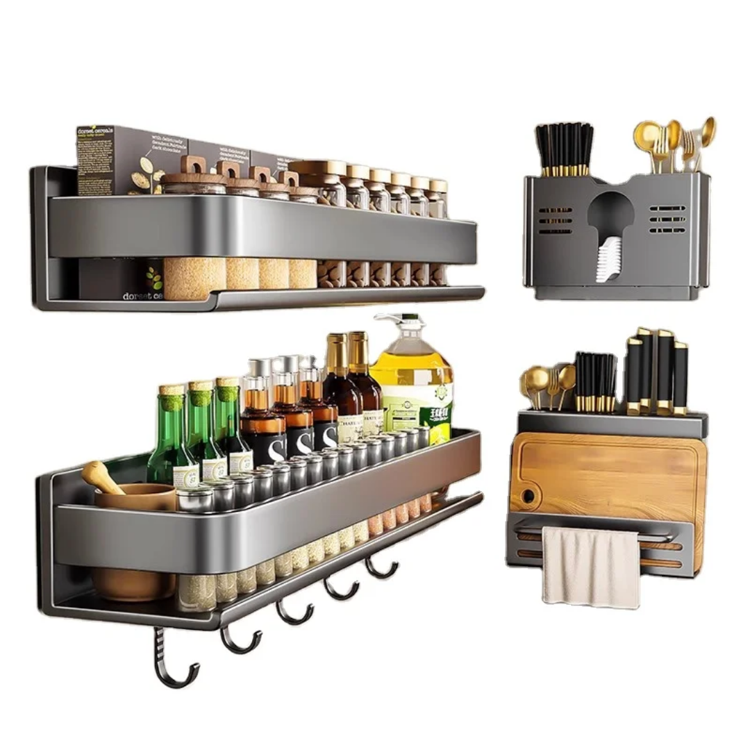 2-Tier Wall-Mounted Kitchen Spice Rack & Organizer: Hanging Storage with Utility Hooks