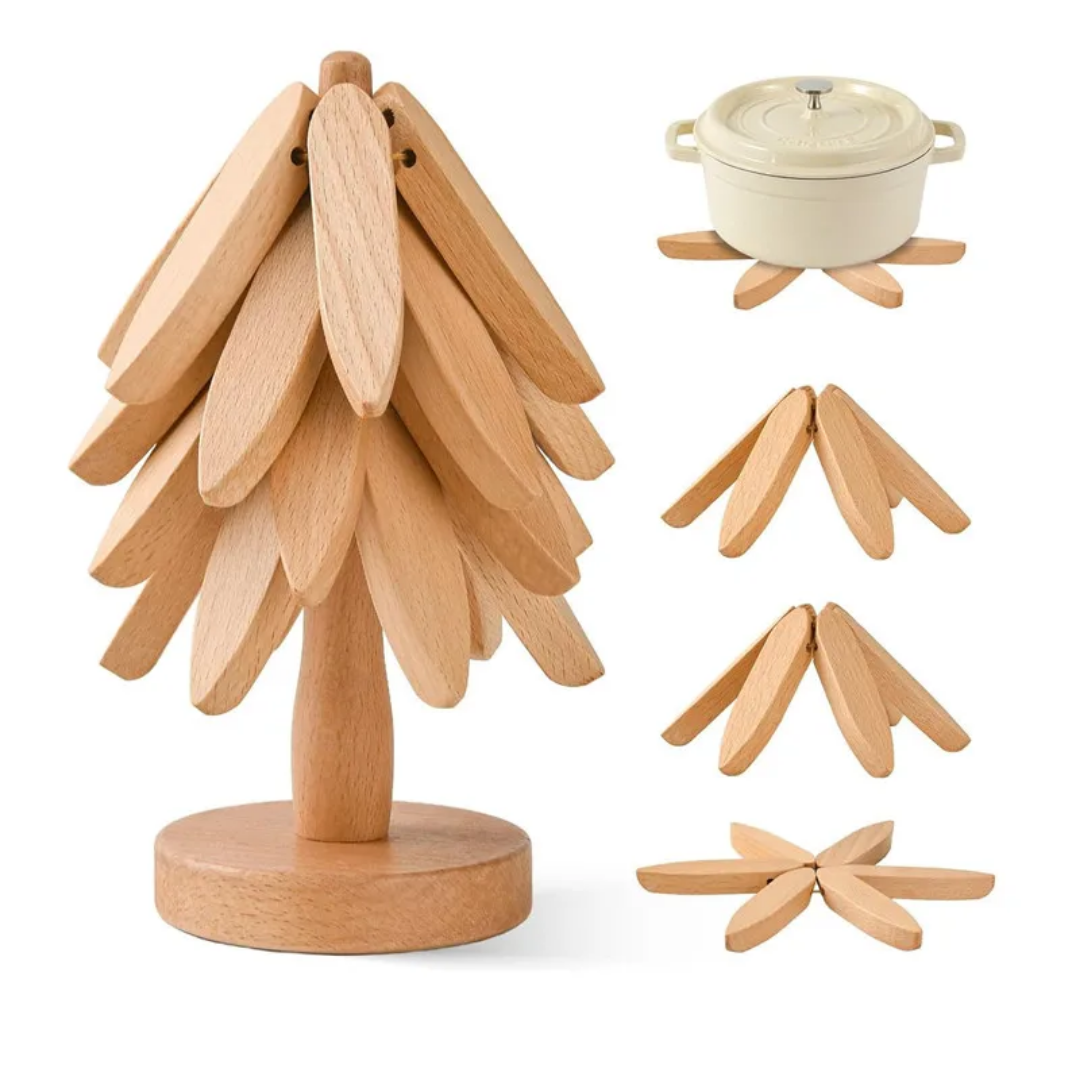 Foldable Wooden Tree Trivet Set with Vertical Storage Stand