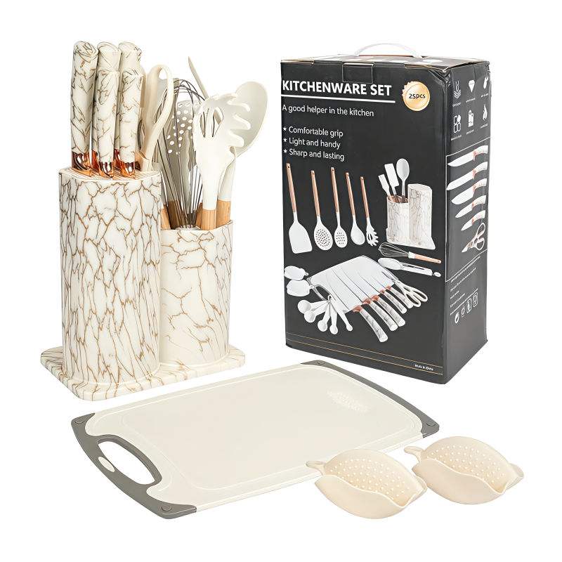 25-Piece Premium Marble & Wood Style Kitchenware Set