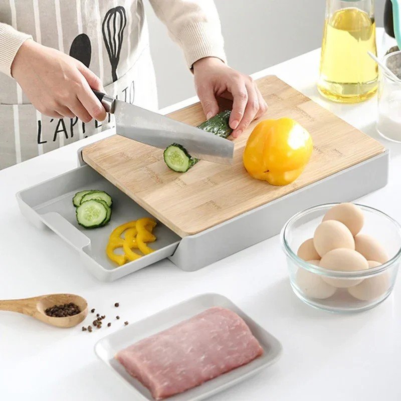 Bamboo Cutting Board 32.5×24.5×4.8 cm with Two Sliding Trays