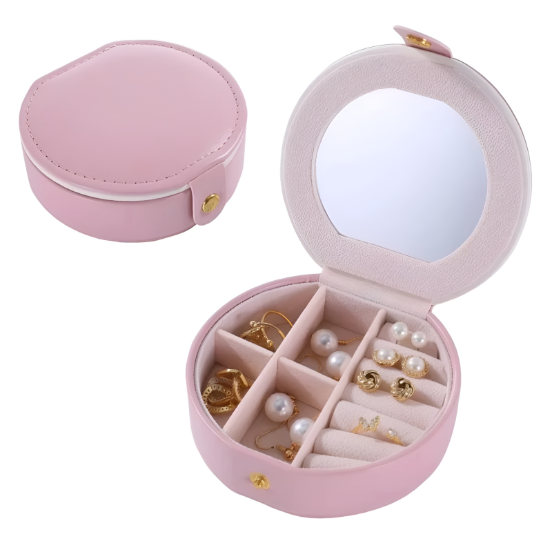 Portable Mini Round Jewelry Travel Case with Mirror