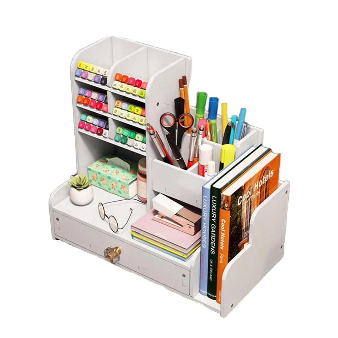 Multi-Functional Wooden Desktop Stationery Organizer with Drawer