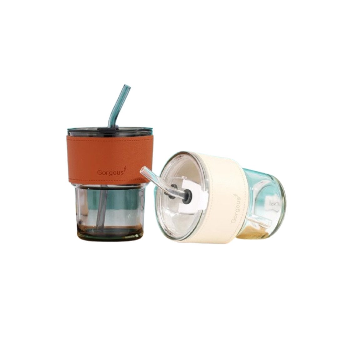 Elegant Glass Tumbler with Leather Sleeve and Glass Straw