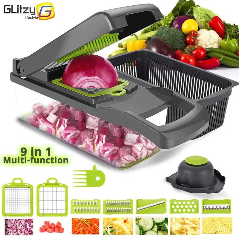Grey Mandoline Slicer with Catch Box, Finger Guard and Extra Blades
