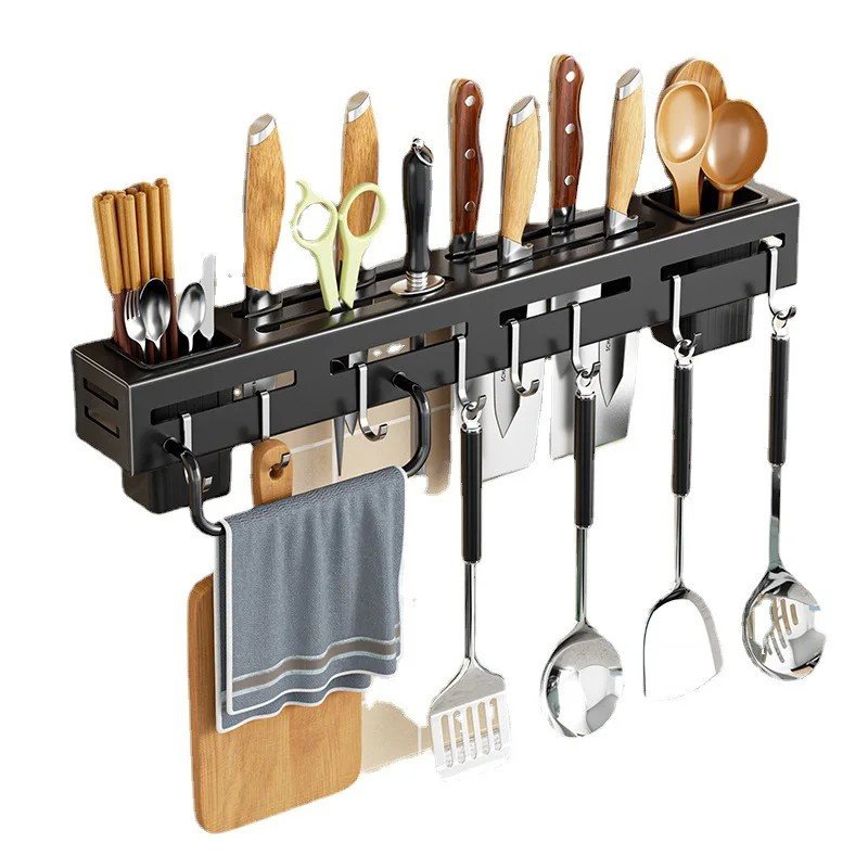 Black Wall Knife and Utensil Rack about 51 cm with Hooks and Side Bins