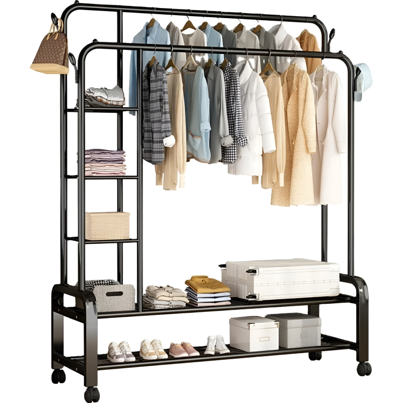 Multi-Functional Double-Rail Rolling Garment Rack with Storage Shelves