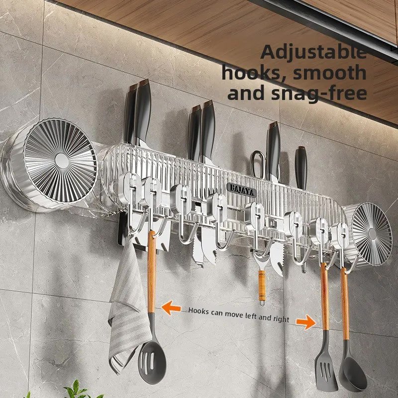 Suction-Cup Kitchen Wall Rack for Knives and Utensil Hooks