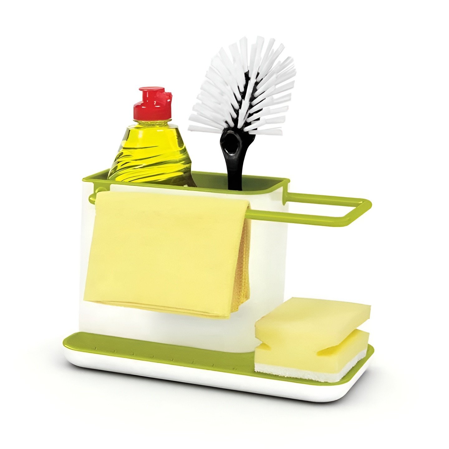 Integrated Kitchen Sink Organizer with Rail for Dishcloths and Storage for Brushes