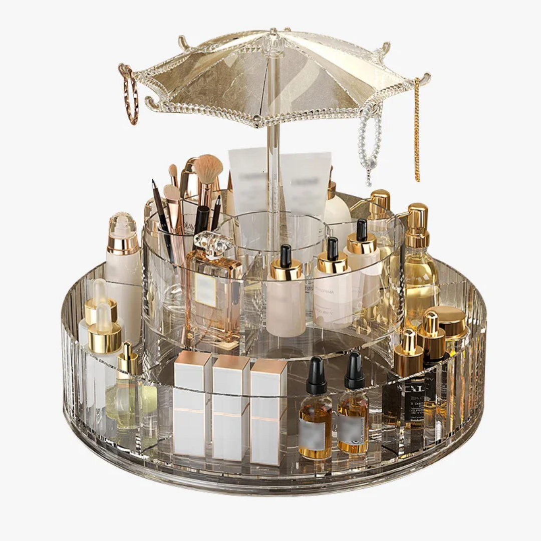 360° Rotating Carousel Makeup and Perfume Organizer with Jewelry Hanger