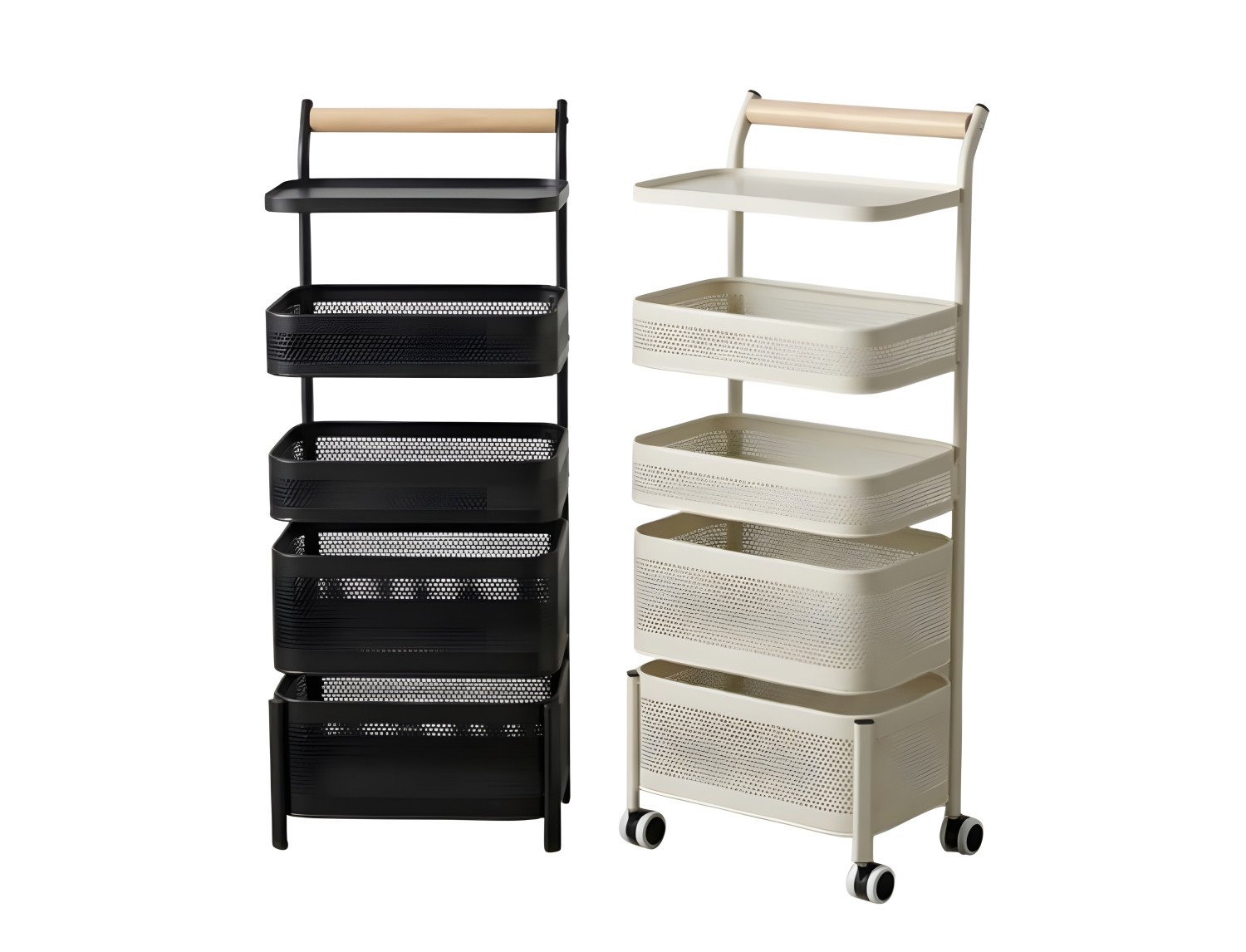 5-Tier Rolling Storage Trolley with Wooden Handle and Mesh Baskets