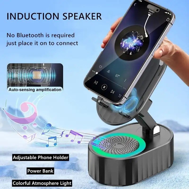 360° Folding Phone Stand with Induction Speaker and RGB Light