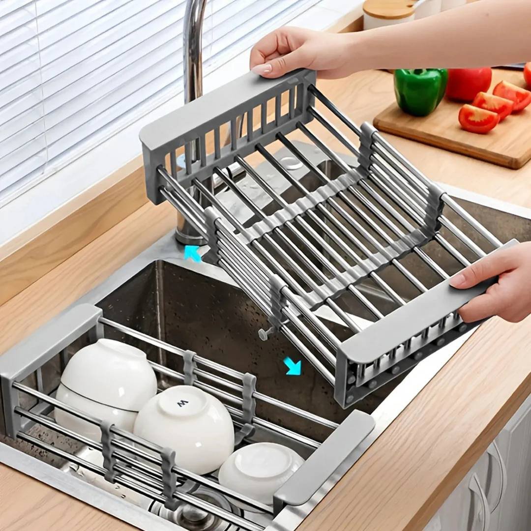 Adjustable Telescopic Sink Rack: Stainless Steel Dish Drainer & Vegetable Basket for Kitchen Organization