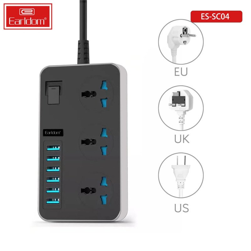 Earldom ES-SC04 3-Outlet 6-USB Extension Strip, 3000 W, EU/UK/US