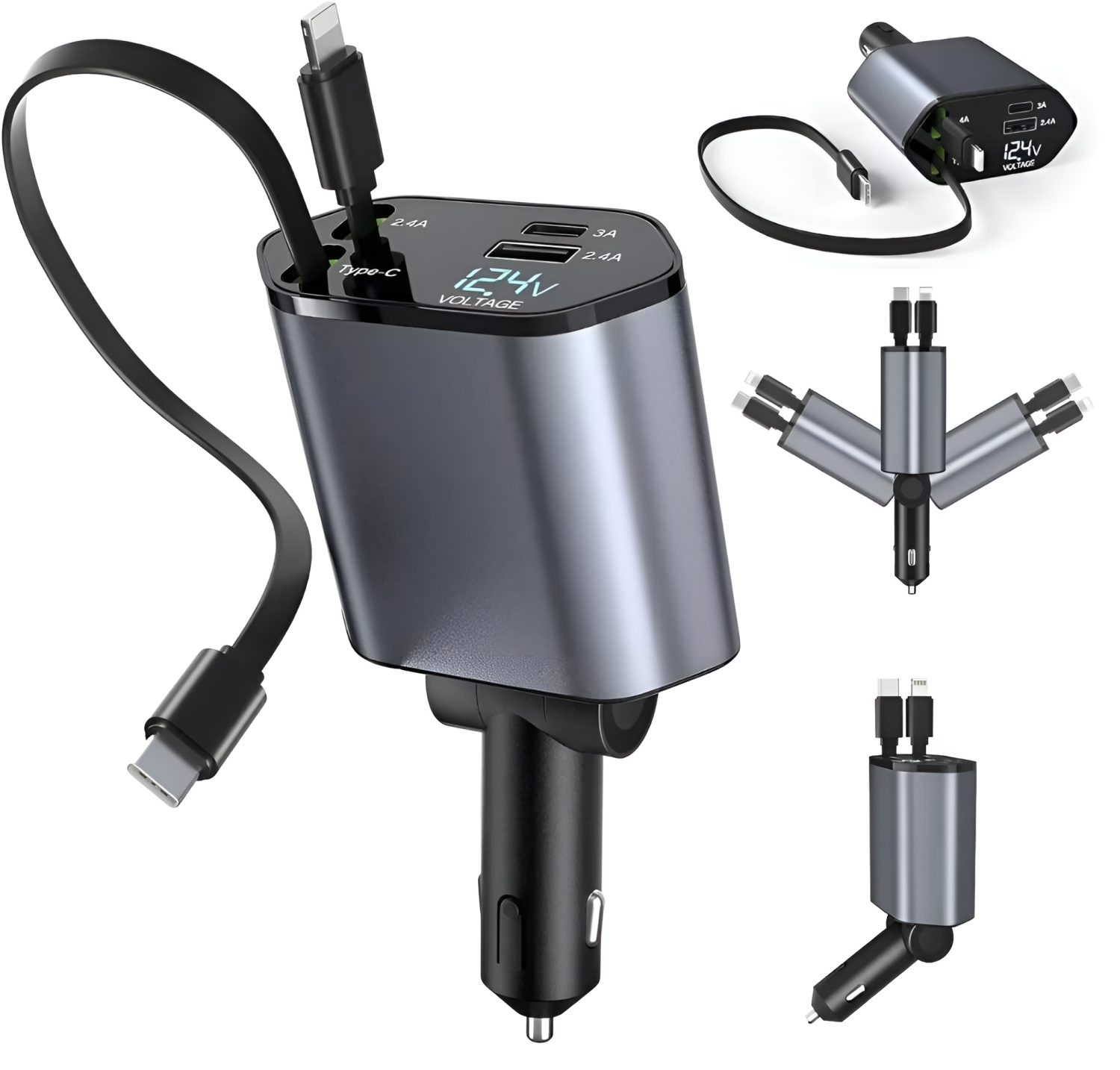 4-in-1 Super Fast Charge Car Charger with 120W High Power & Retractable Cables
