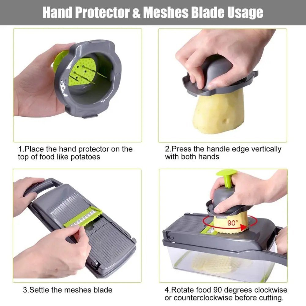 Grey Mandoline Slicer with Catch Box, Finger Guard and Extra Blades
