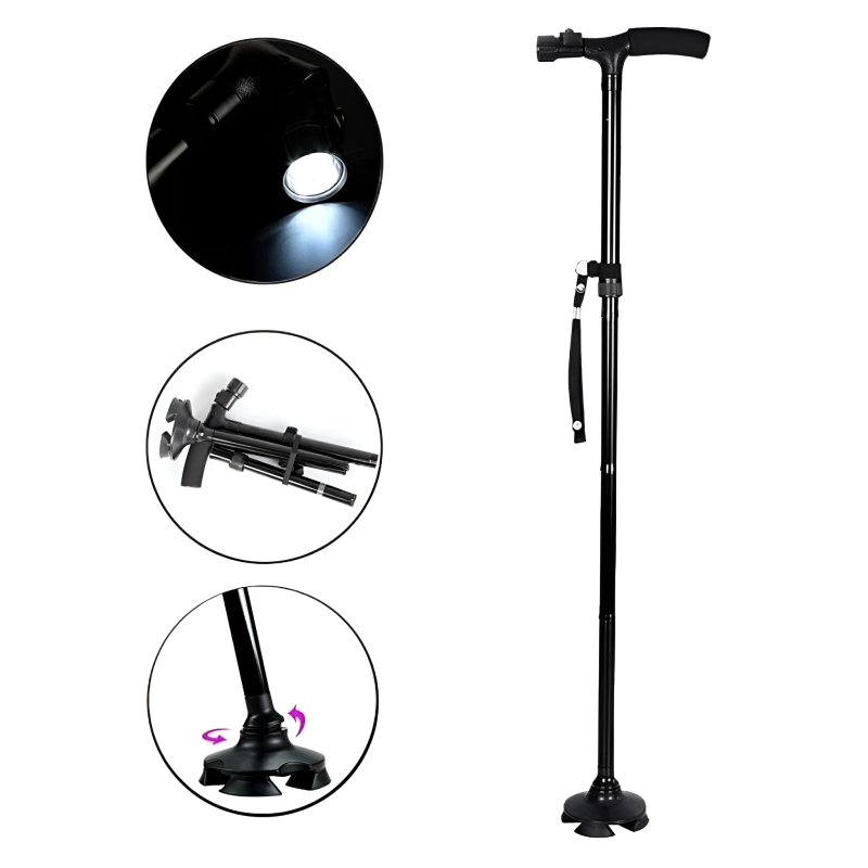 Adjustable Folding Walking Cane with Integrated LED Flashlight and Pivot Base